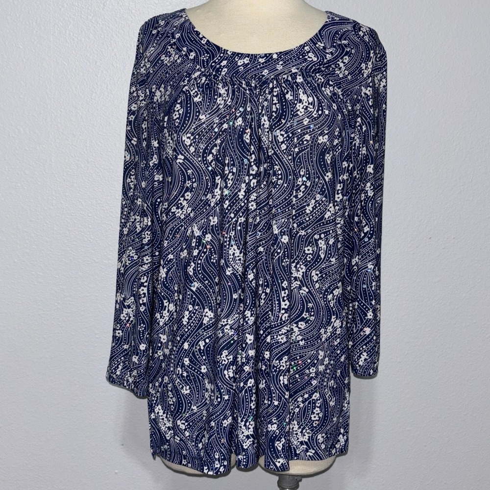 Cathy Daniels Navy Sequin‎ Print Top M 3/4 Sleeve Stretch Blouse Glitter Detail